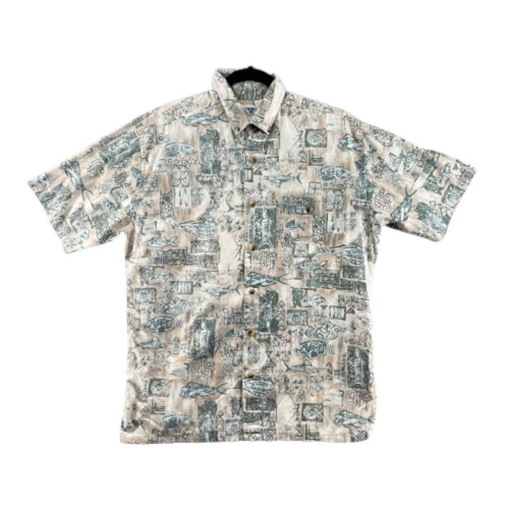 VTG Hook & Tackle Men's Medium Fish Pattern Button Camp Shirt Tan Green Fishing